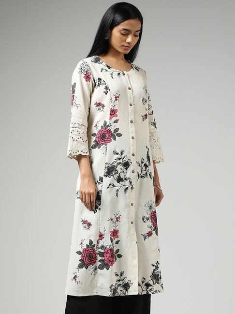 Utsa by Westside Off White Floral Printed Buttoned Down Kurta