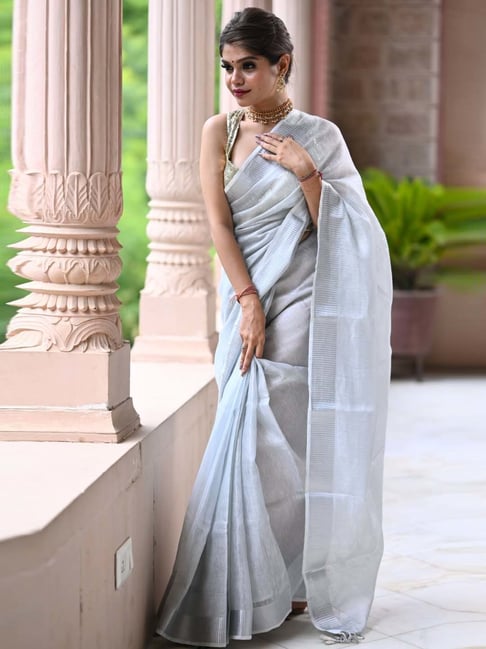 Misty Grey Linen Saree – RawaazFashion