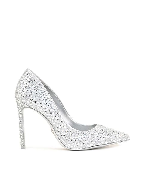 Women Rhinestone Decor Ankle Strap Chunky Heeled Sandals, Glamorous Silver  Glitter Heeled Sandals | SHEIN USA