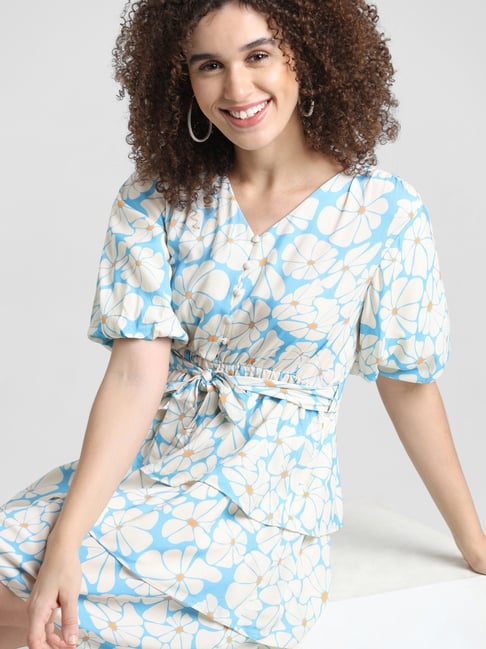 Only Light Blue White Floral Print Fit Flare Dress