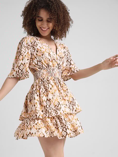 Only Brown White Printed Fit Flare Dress