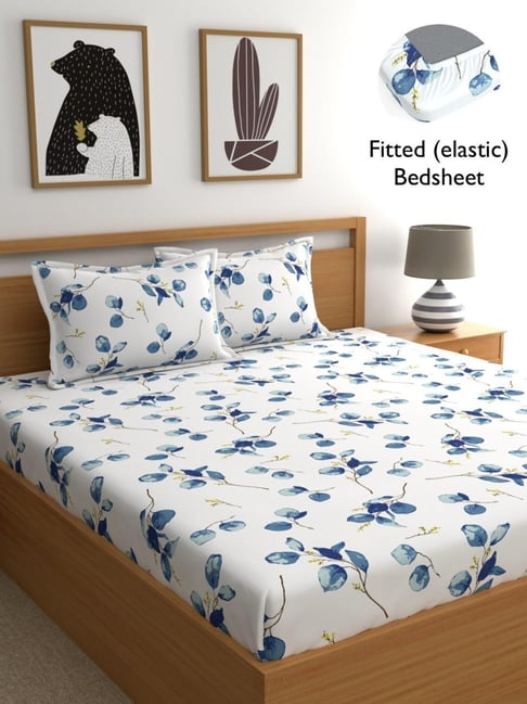 Buy Home Ecstasy Blue Cotton 140 TC King Fitted Bedsheet at Best