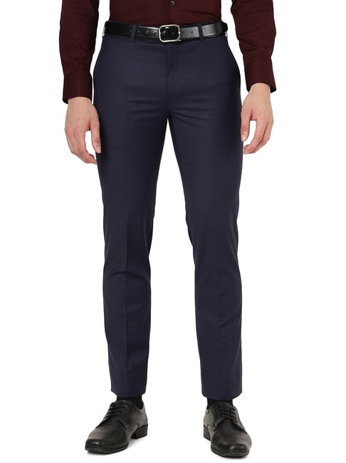 Metal Royal Blue Slim Fit Self Pattern Trousers-picture-43