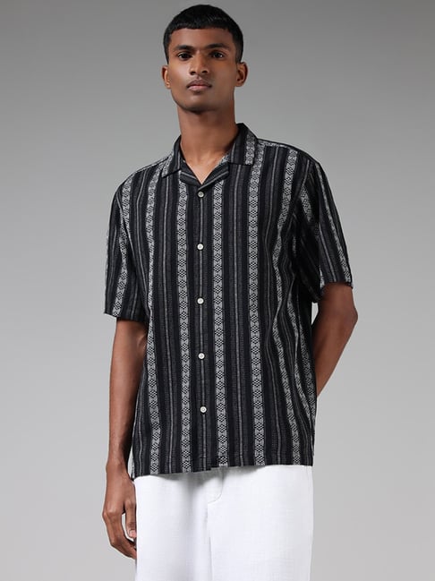 ETA by Westside Black Woven Striped Relaxed Fit Shirt