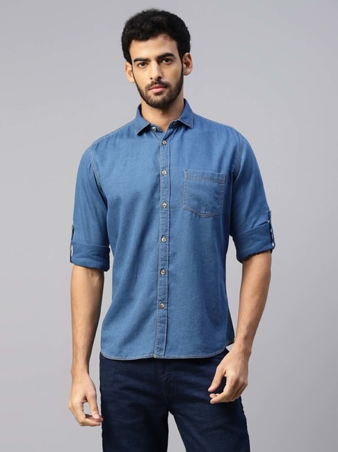 Spykar Dark Blue Cotton Full Sleeve Denim Shirt For Men - mshnos0051darkblue