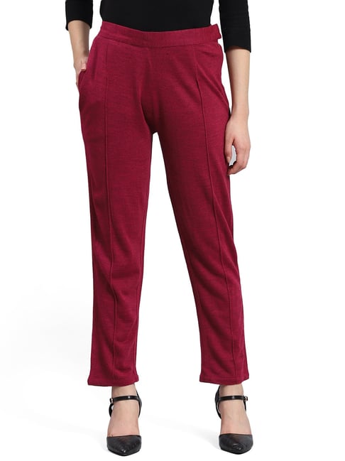 Monte Carlo Maroon Textured Mid Rise Trousers