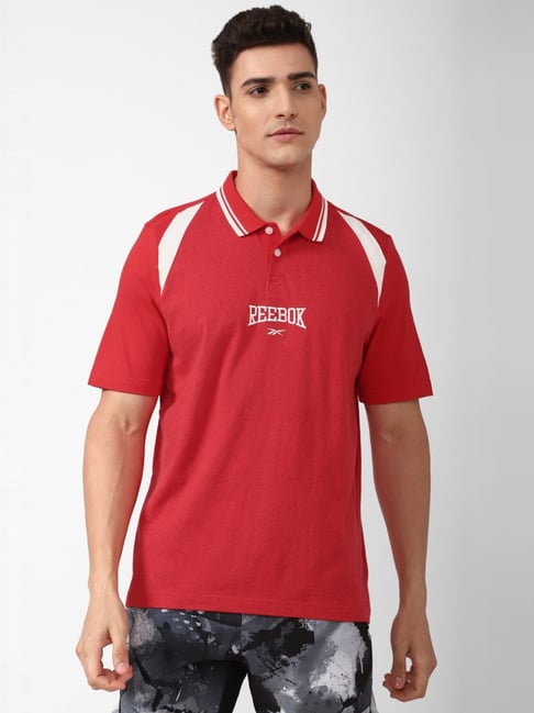 Reebok Red Cotton Slim Fit Logo Printed Sports Polo