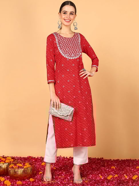 Vaamsi Red Cotton Striped Straight Kurta