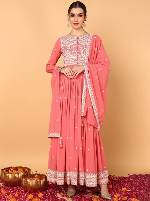 Vaamsi Pink Embroidered Anarkali Kurta With Dupatta-picture-24