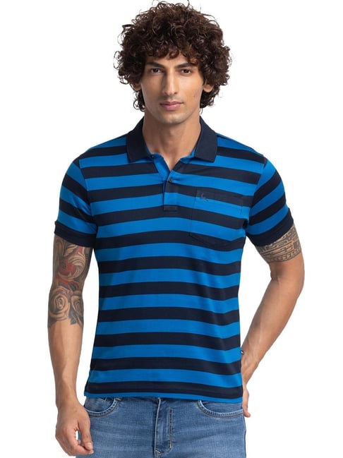Parx Blue Pure Cotton Regular Fit Striped Polo T-Shirt-picture-33