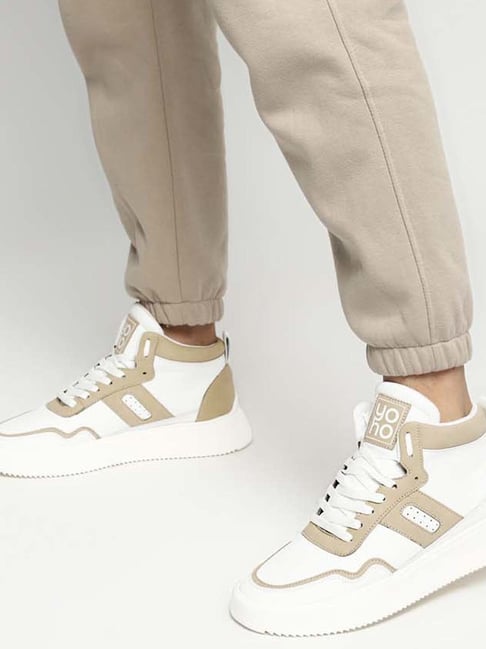 Yoho Men's White Beige Ankle High Sneakers