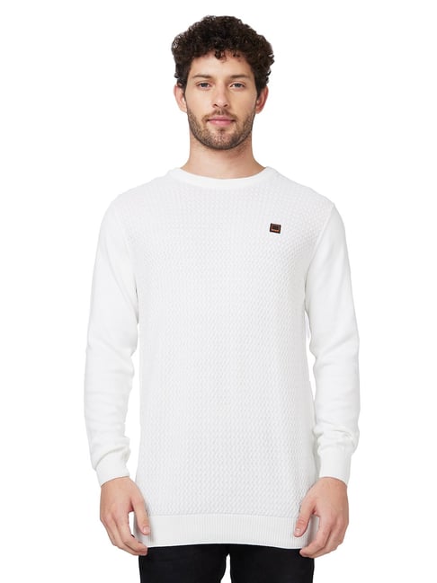Spykar White Regular Fit Self Design Round Neck Sweater