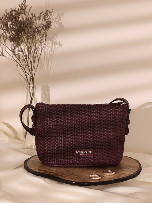 Buy Accessorize London Burgundy Leather Woven Cross Body Bag at