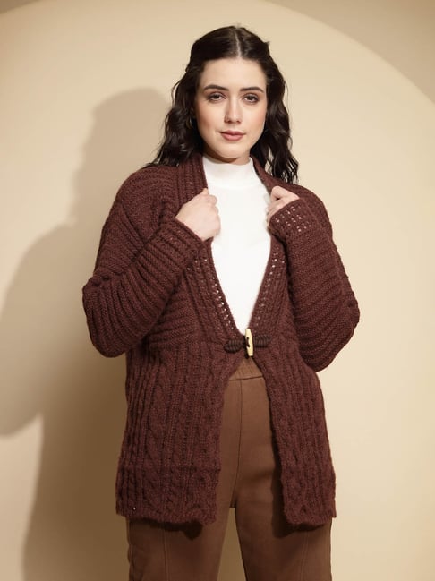 Global Republic Dark Brown Self Design Cardigan