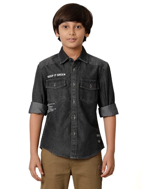Under Fourteen Only Kids Black Solid Full Sleeves Denim Shirt