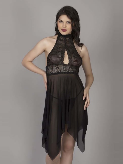 Herryqeal Black Lace Work Babydoll Dress With G-String Panty