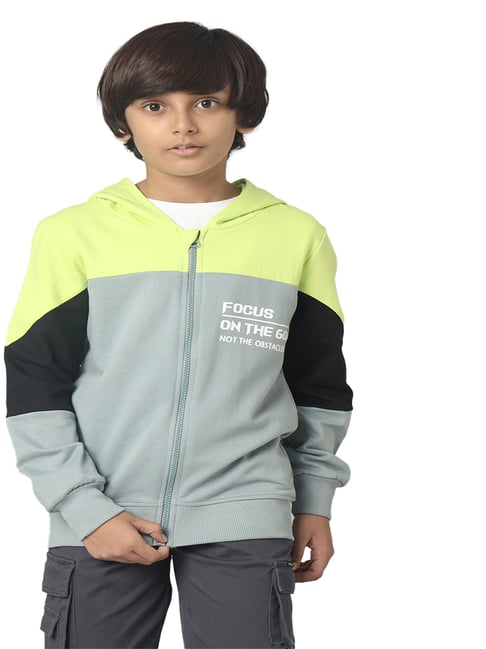 Under Fourteen Only Kids Neon Green Color Block Full Sleeves Sweatshirt