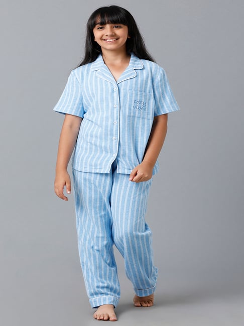 Under Fourteen Only Girls Blue Striped Shirt with Pyjamas