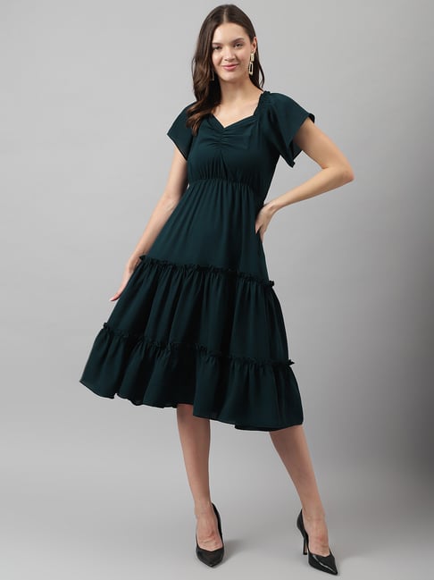 slim fit dress slacks Zapaka Women Black Casual Dress with Sash A-Line Long Sleeves Wedidng Guest Dress, Dark Green / M
