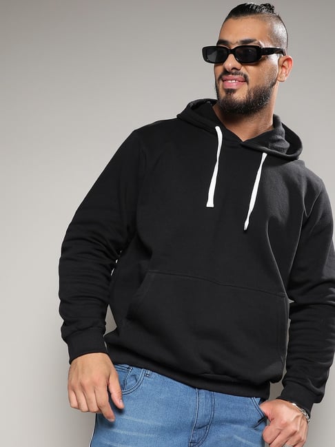 Instafab Plus Black Cotton Regular Fit Plus Size Hooded Sweatshirt