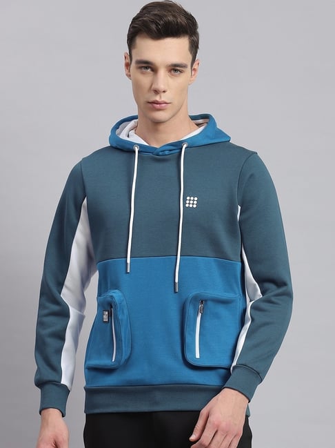 Rock.it Turquoise Regular Fit Colour Block Hooded Sweatshirt-picture-14