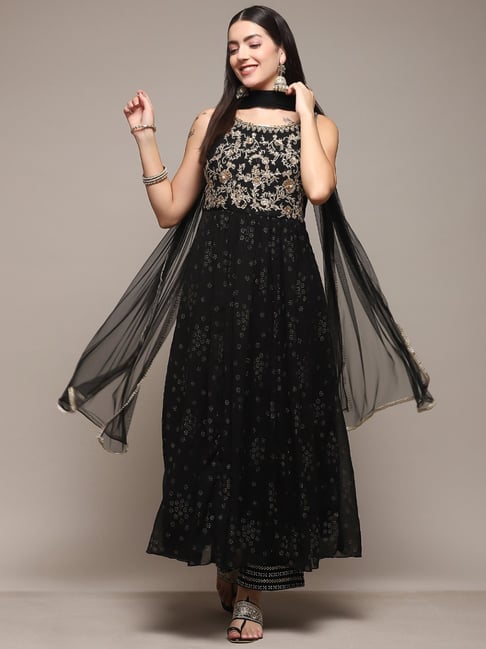 Biba Black Embellished Maxi Dress With Dupatta