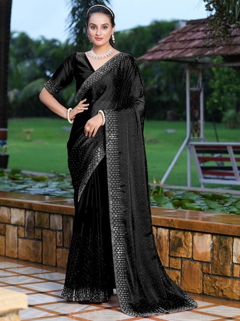 Buy Women Black Crystal Embellished Saree Set With Stitched Blouse - Black  Beauty - Indya