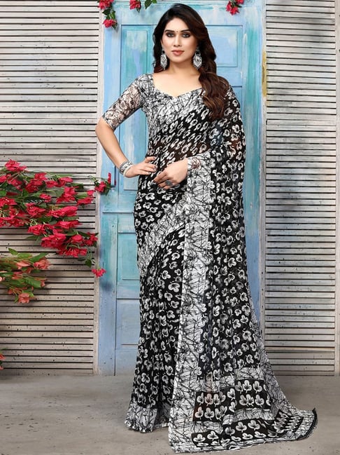 Buy Black Floral Georgette Saree Online in USA with Scalloped Border – Pure  Elegance