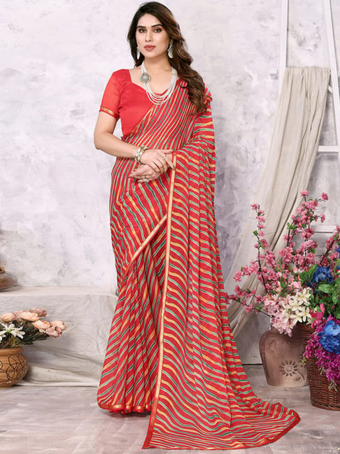Satrani Red Striped Saree With Unstitched Blouse