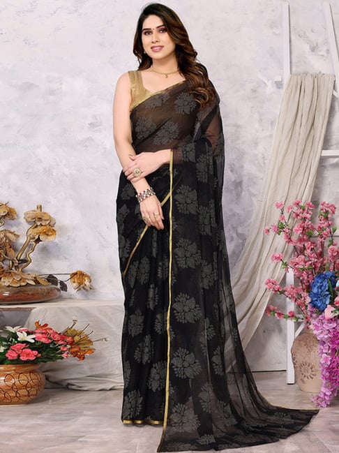 Black Embellished Pre Stitched Ruffled Saree in Chiffon Georgette...