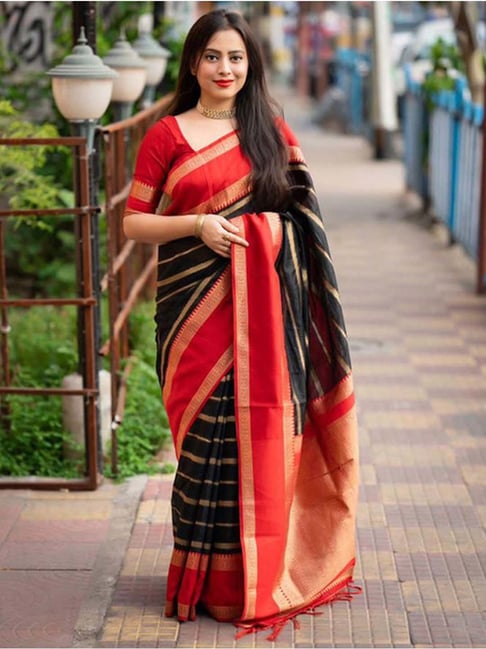 Buy Elegant Black & Red Soft Silk Saree South Indian Handloom, Wedding,  Festival Sari With Golden Jari Patta Border, Ethnic Gift for Women USA  Online in India - Etsy