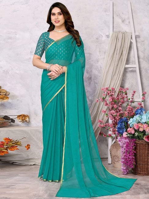 Grey & Sea Green Golden Border Chiffon Saree with Blouse Piece – baisacraft