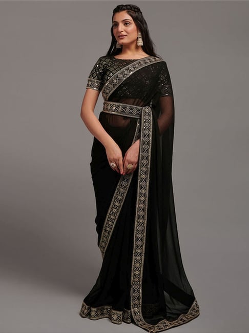 Black Georgette Embellished Saree Set Design by Bannhi at Pernia's Pop Up  Shop 2024