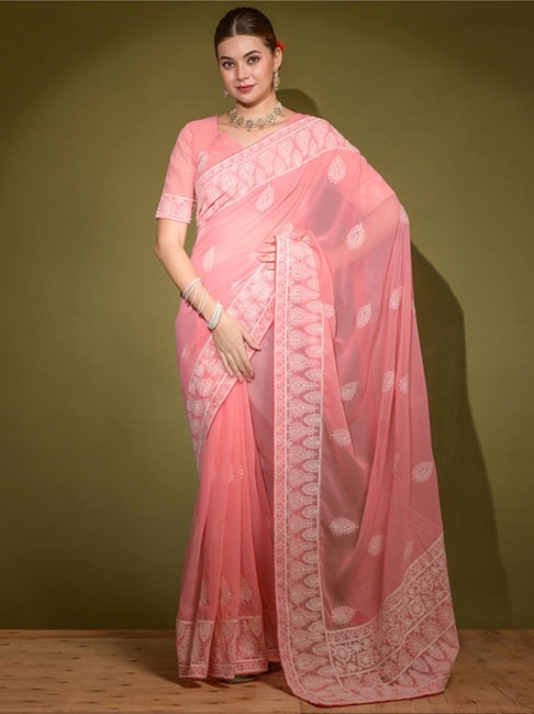 Peach Moti Stone Border Net Party Wear Saree With Blouse Piece - Manu  Fashion Era - 4288675