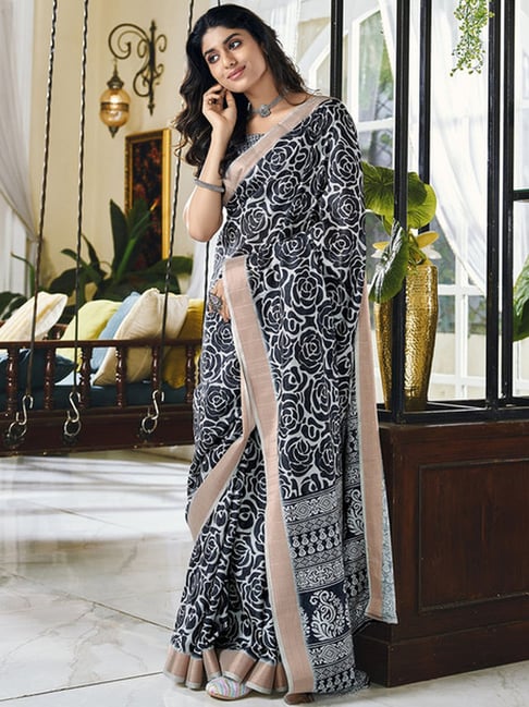 White Silk Saree with Black Warli Prints All-Over and Gorgeous Pallu with  Elephant Prints