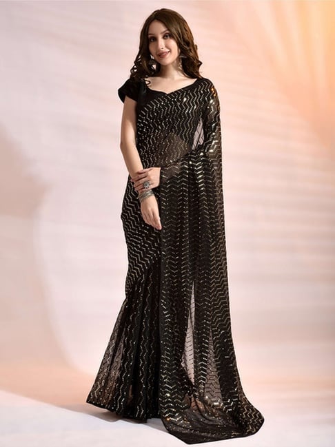 Buy Black Stone Embellished Saree In Satin Kalki Fashion India