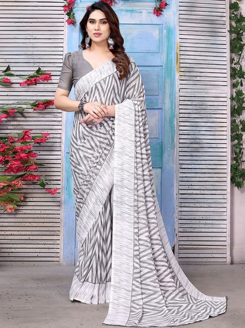 Silk Grey and Black Back Less Blouse Saree MS1070658