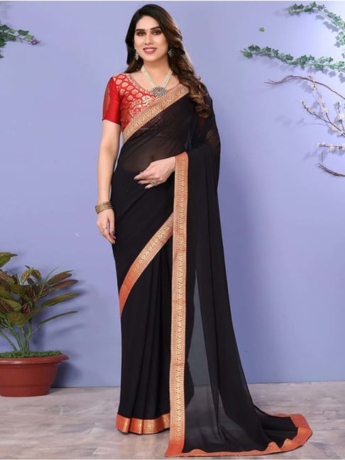 Satrani Black Plain Saree With Unstitched Blouse