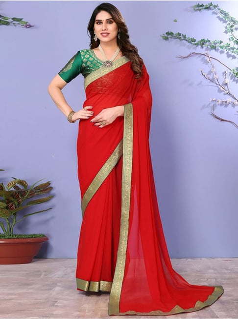 Buy online Women Red Solid Lace Work Saree With Blouse from ethnic wear for  Women by Kalista for ₹1819 at 75% off | 2024 Limeroad.com