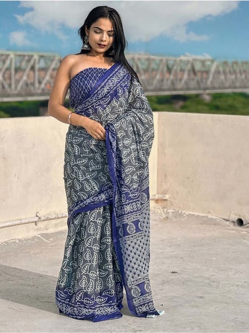 Buy Blue-Grey Georgette Handpainted Sarees Online in India | Colorauction