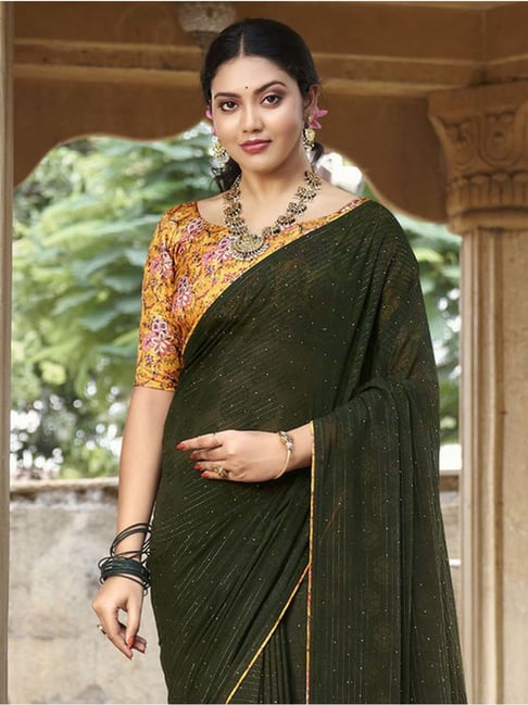 Women's Olive Green Sequin Saree (2pcs set) - Label Shaurya Sanadhya | Green  sequins, Saree, Olive green blouse