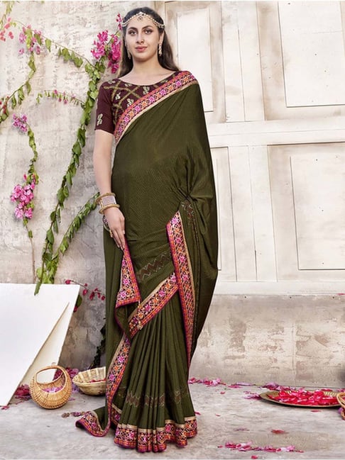 Buy Green Embroidered Silk Mehendi Wear Saree From Ethnic Plus