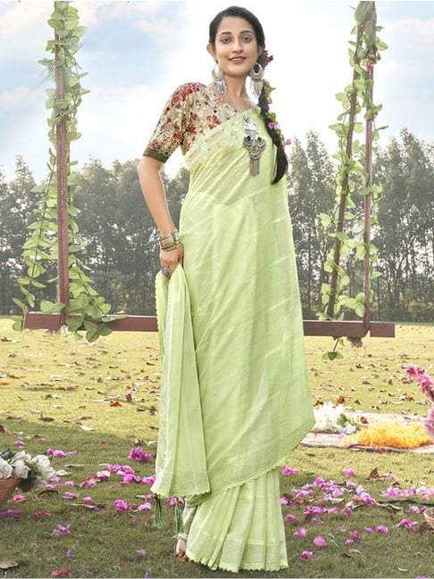 Satrani Pista Green Embroidered Saree With Unstitched Blouse