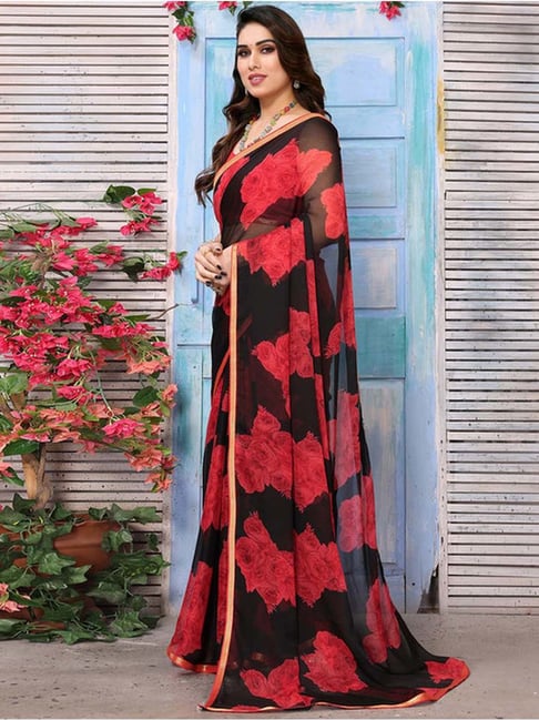 Red Black Printed Chiffon Saree