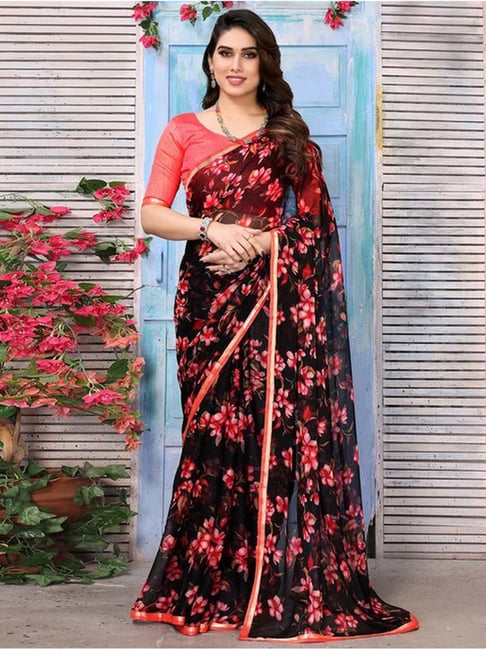 Buy kashvi sarees Floral Print Daily Wear Georgette Black Sarees Online @  Best Price In India | Flipkart.com