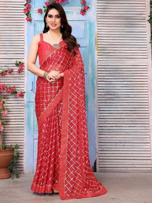 Red Khadi Georgette saree with golden zari weaving - House of Surya