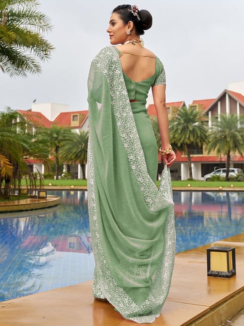 Satrani Pista Green Embroidered Saree With Unstitched Blouse