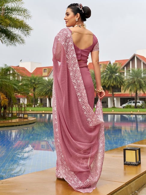 Dusty Pink Diamond and Pearl Work Saree in Satin Organza with...