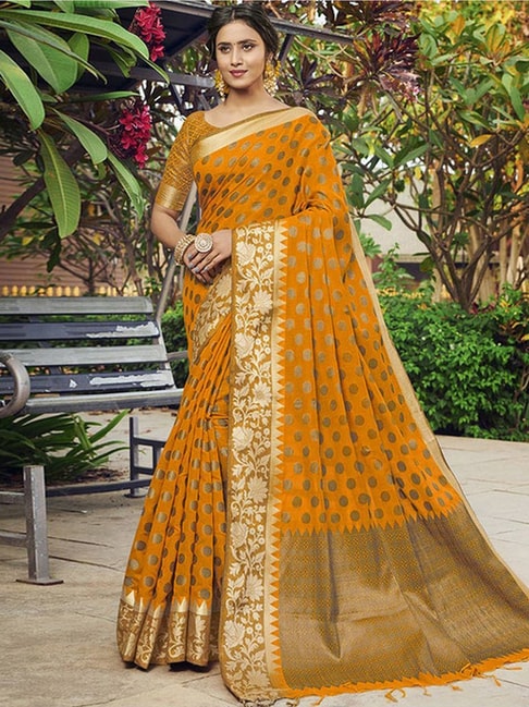 Wedding Yellow Ochre Baluchari Silk Saree, 6.3 M (with Blouse Piece)