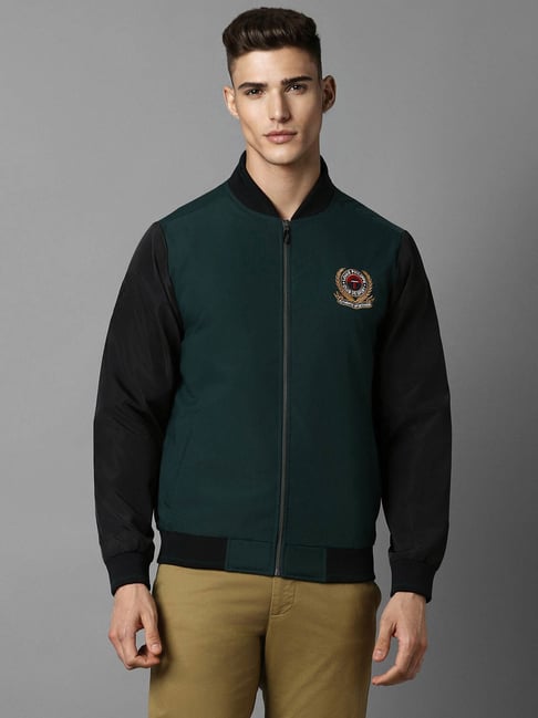 Louis Philippe Dark Green Regular Fit Colour Block Bomber Jacket